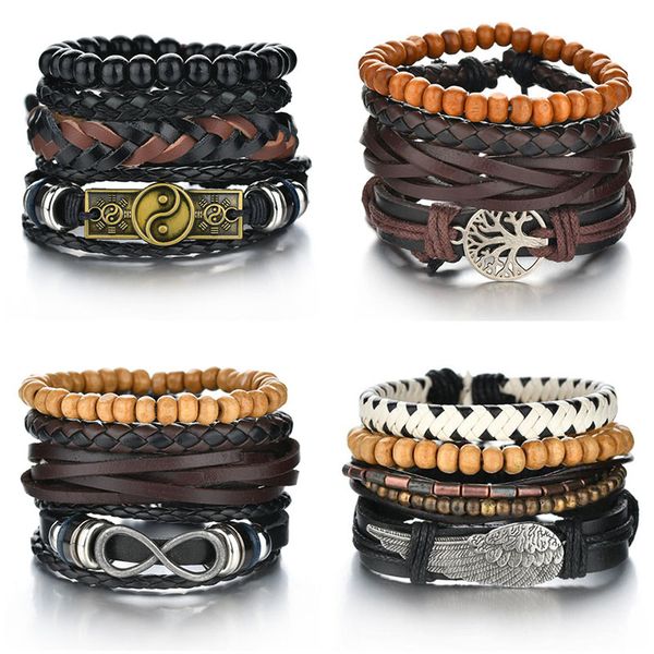 

4-5pcs/set braided wrap wood beaded leather bracelets sets for men women punk ethnic tribal wristbands leaf tree rudder bracelet, Red;blue
