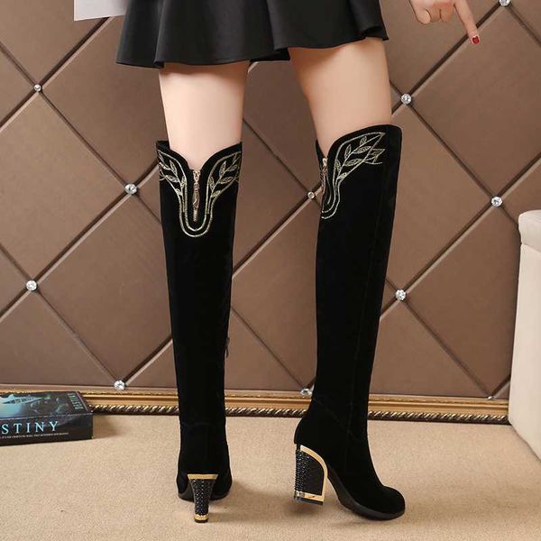 

2020 new women knee high boots suede metal fashion boots winter footwear shoes zipper chunky heels metal decoration y960, Black
