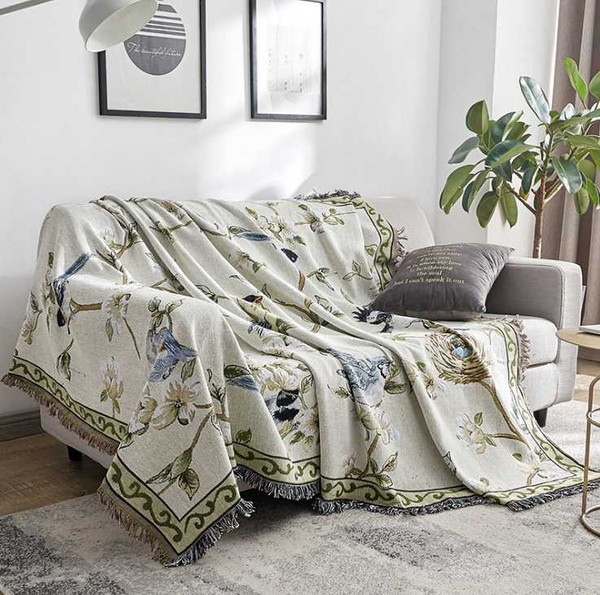 

throw blanket textured flowers birds printed for sofa couch decorative knitted blanket/floor mat for multi-functional use