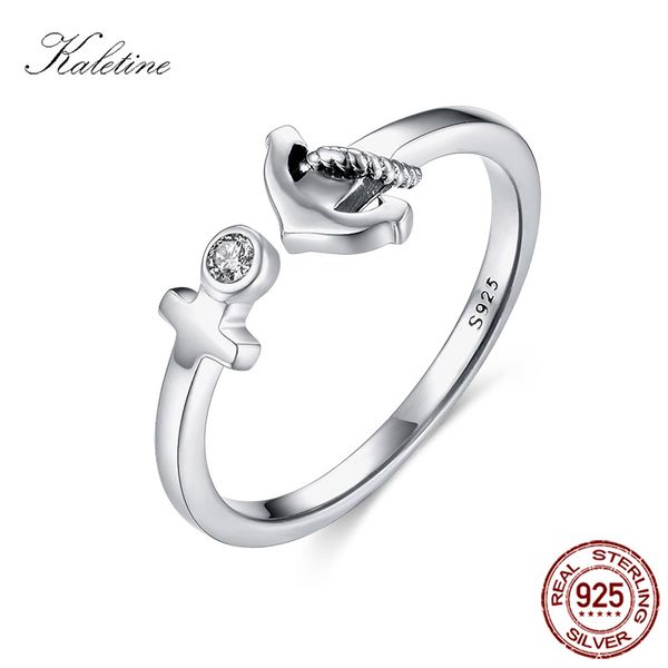 

kaletine bon voyage cross open ring 925 sterling silver rings anchor rope clear cz resizable wedding band women jewelry kltr070, Golden;silver