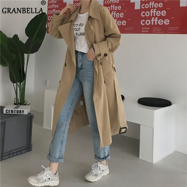 

women's trench coats stylish double breasted coat outwear belted korean style large size loose casual chic windbreaker female clothes, Tan;black
