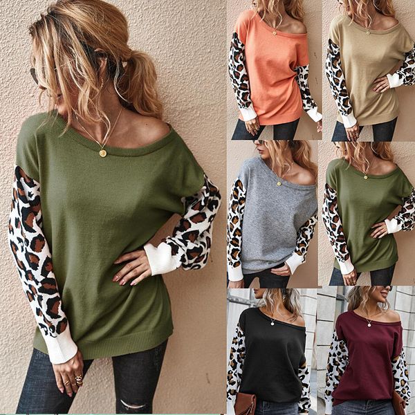 

patchwork leopard sweater women off-shoulder loose long sleeve pullover autumn winter casual ladies contrast color blouse, White
