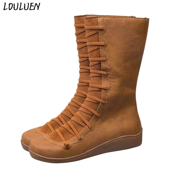 

louluen 2020 boots womens ladies casual flat leather retro lace-up side zipper round toe shoe boots roman laarzen bottes #1012, Black