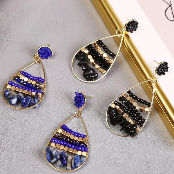 

boho handmade water drop blue beaded drop earrings for women vintage geometric black natural stone earring summer jewelry gifts, Silver