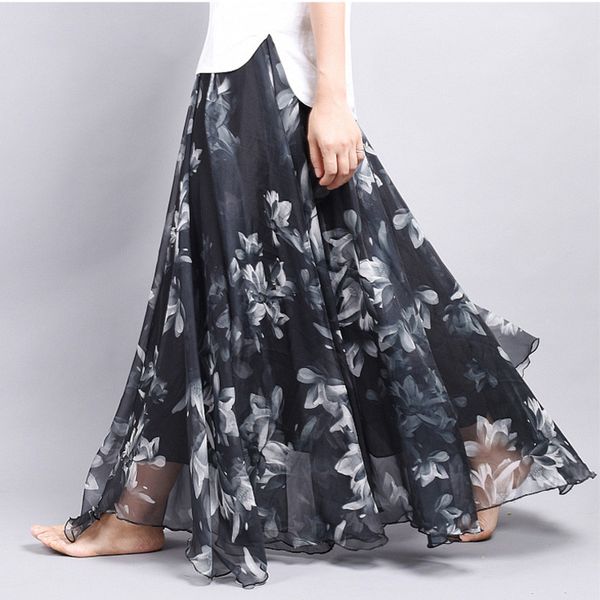 

brand skirt print light fabric chiffon summer clothes saia beach bohemian maxi skirts women high waist casual vestidos sexy, Black