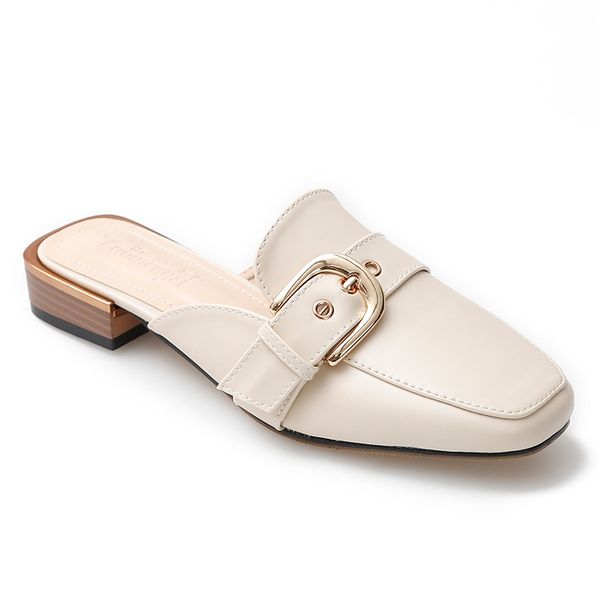 

2020 brand designer women slippers slip on mules flat heel casual shoes british buckle slides wooden block heels summer footwear, Black