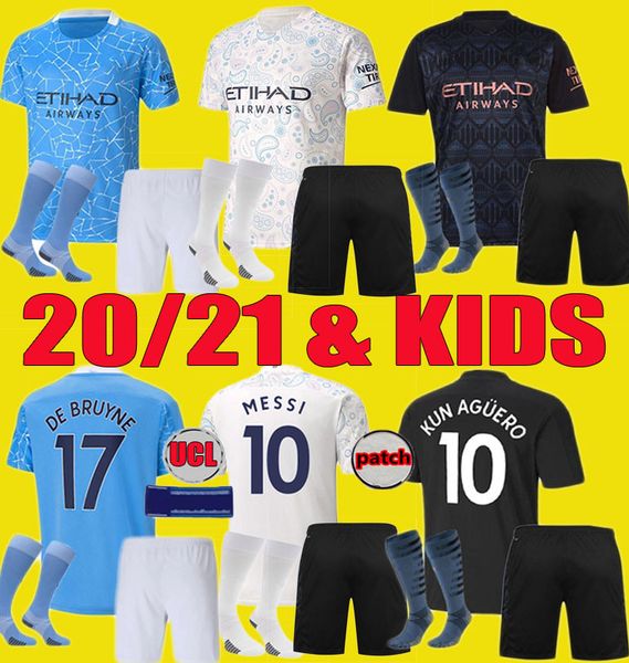 

2020 2021 manchester messi third soccer jersey city men kids kit jesus sterling kun aguero 20 21 de bruyne football shirt set uniform, Black