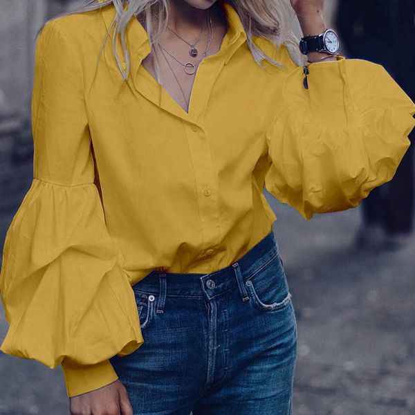 

fashion celmia women long puff sleeve blouses 2020 lapel buttons casual shirts loose solid party work blusas mujer plus size y200828, White