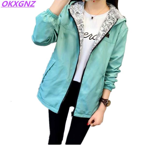 

spring autumn women basic jacket pocket zipper hooded two side wear cartoon print outwear loose coat windbreaker female 101, Black