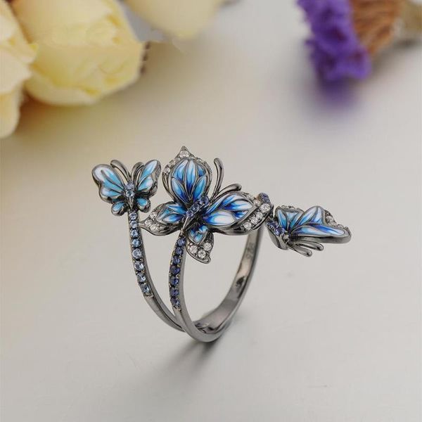 

female big blue enamel butterfly ring vintage black gold wedding rings promise engagement rings for women, Golden;silver