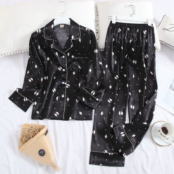 

silk satin pajamas set women pajama set printing fashion pajamas long sleeve pyjamas set fashion, White