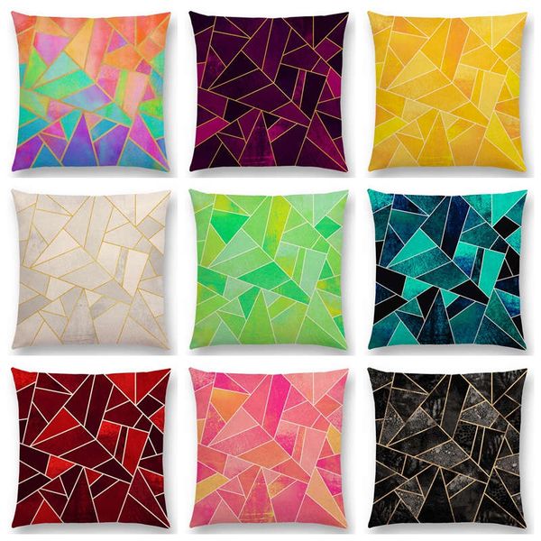 

white purple black blue pink colorful abstract geometric triangles gold lines rainbow stones cushion cover sofa pillow case