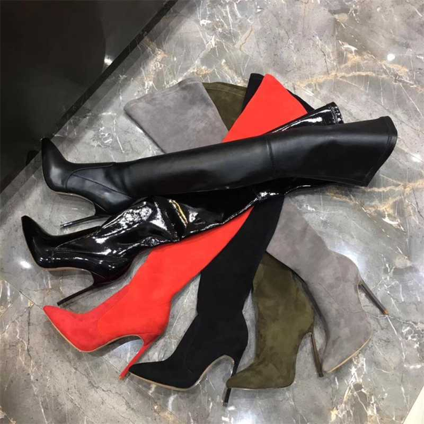 

2020 shoes women kid suede super high heels boots pointed toe thin heels boots over the knee zapatos de mujer, Black