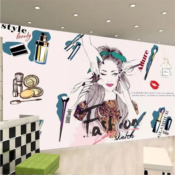

european and american hand-painted cosmetics manicure shop makeup shop background wall paper 3d beauty salon mural wallpaper 3d