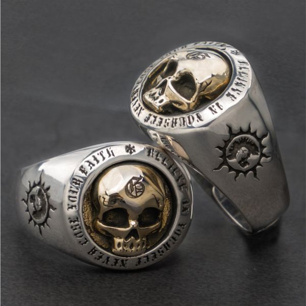 

retro personality two-color stainless steel skull ring rune carving men's punk bike jewelry size 7 - 14, Silver