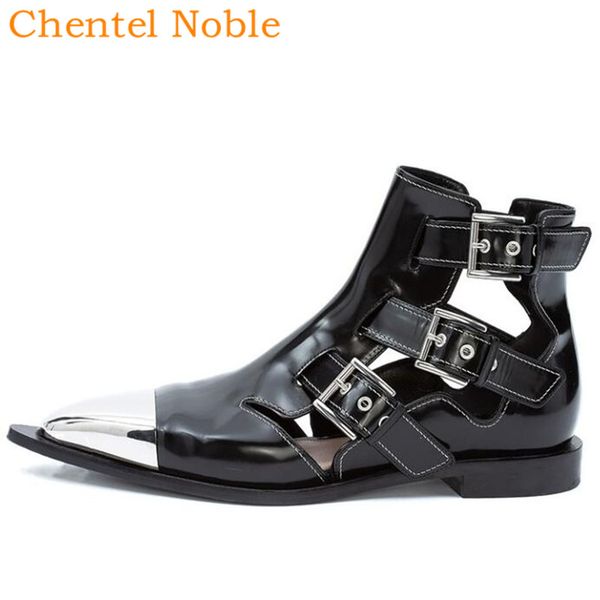 

metal pointed toe leather spikes elegant style shoes woman casual flats shoe bottom three buckle zapatillas mujer black color
