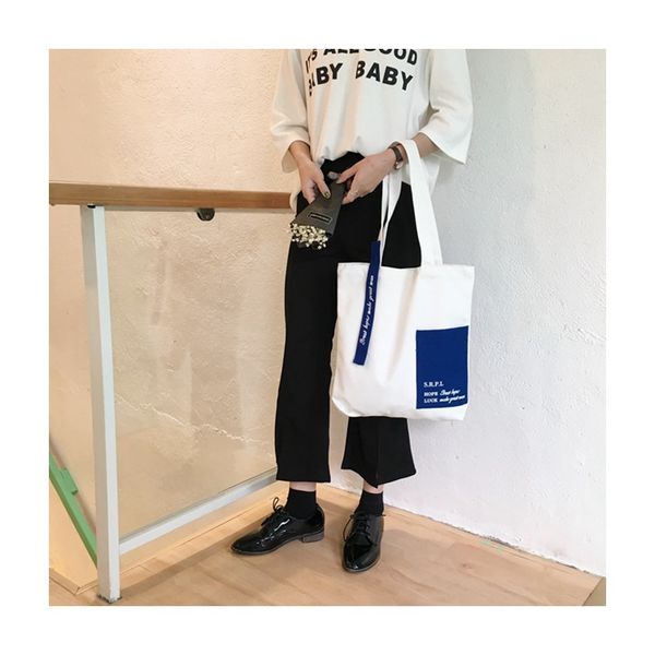 

yile cotton canvas shoulder bag eco shopping tote contrast color outer pocket wj7204