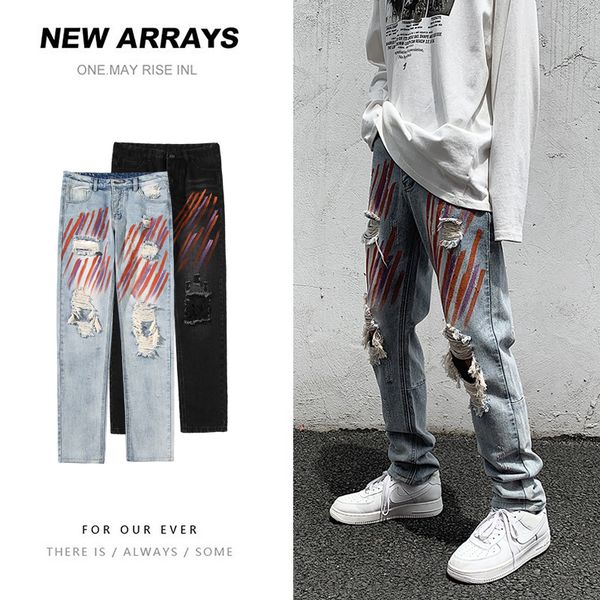 

men's jeans 2021 autumn ripped hole denim pants men street hip hop cowboy trousers fashion casual slim fit male 5xl, Blue