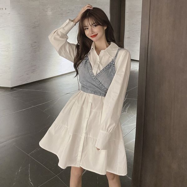 

womens korean-style heart-cutting strap denim strap solid color loose slim shirt dress academic style suit women, White;black