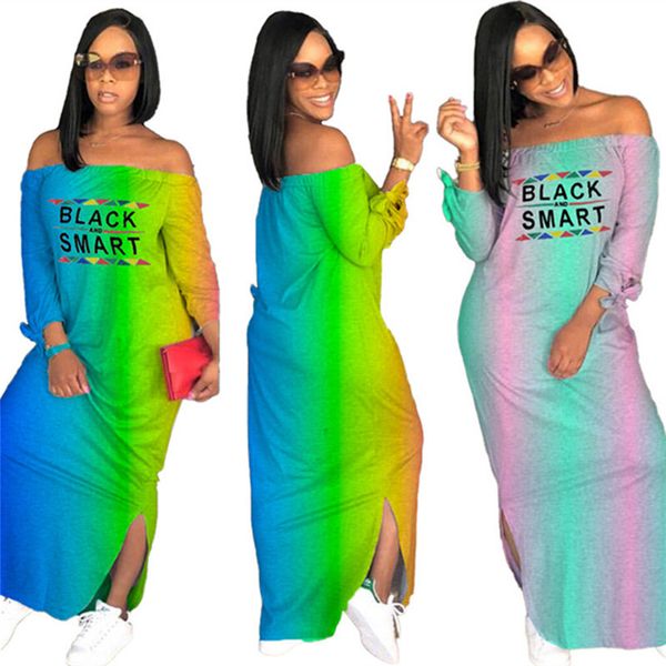 

gradient women long dress black smart letter long sleeve off shoulder maxi dresses spring autumn one-piece skirt casual split dress outfits, White