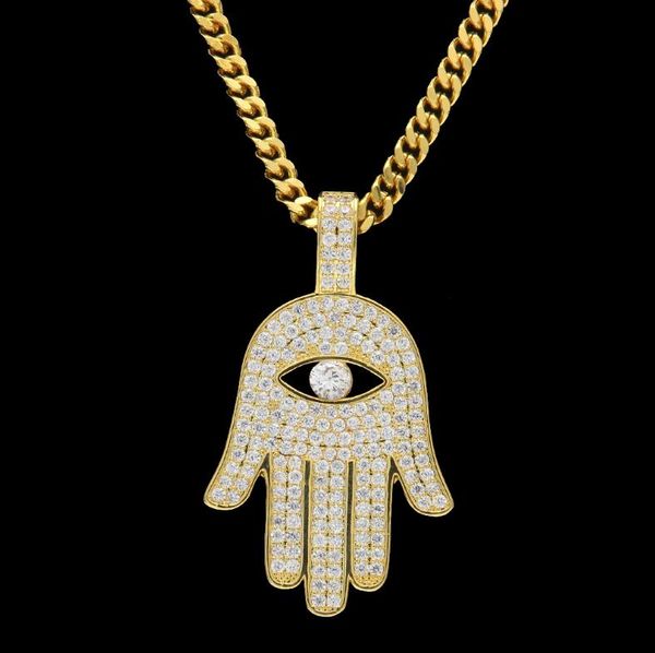 

european and american hip-hop micro-zircon hollow eyes fatima hand pendant, Silver