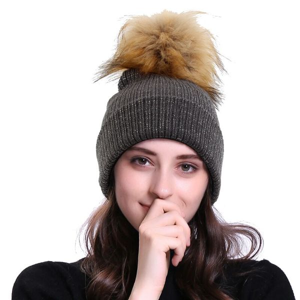 

beanie/skull caps women fashion soft knitted multi-color faux fur pompom hat winter beanie for warm female cap, Blue;gray