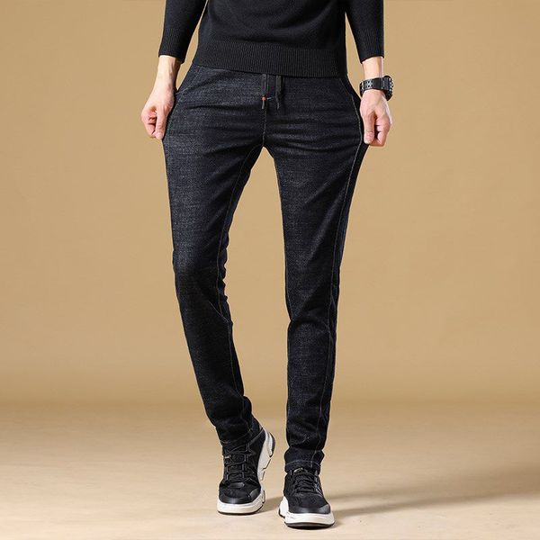 

men's jeans autumn trousers stylish stretch slim fit pants youth casual solid color waist drawstring, Blue