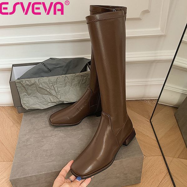 

boots esveva 2021 knee high fashion square heel women shoes retro toe long pu leather zipper ladies pumps size34-43, Black