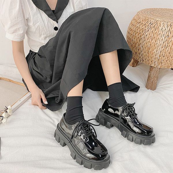 

women paltform shoes ladies patent leather lace up fashion shoes woman sewing ankle female casual footwear 2020 hot, Black