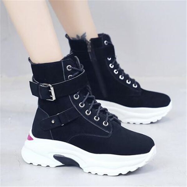 

boots women's wedges 2021 winter side zip short thick heel women lace up chunky shoes female plush warm eu 35-40, Black