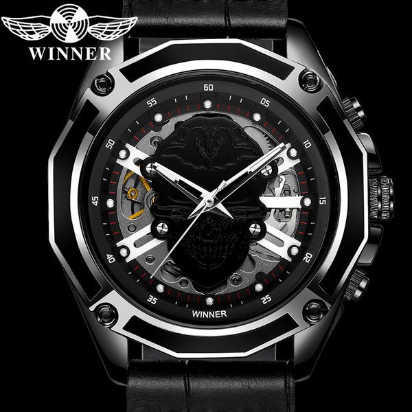 

winner automatic mechanical men wristwatch army sport male clock skeleton skull man watch gift 8176, Slivery;brown