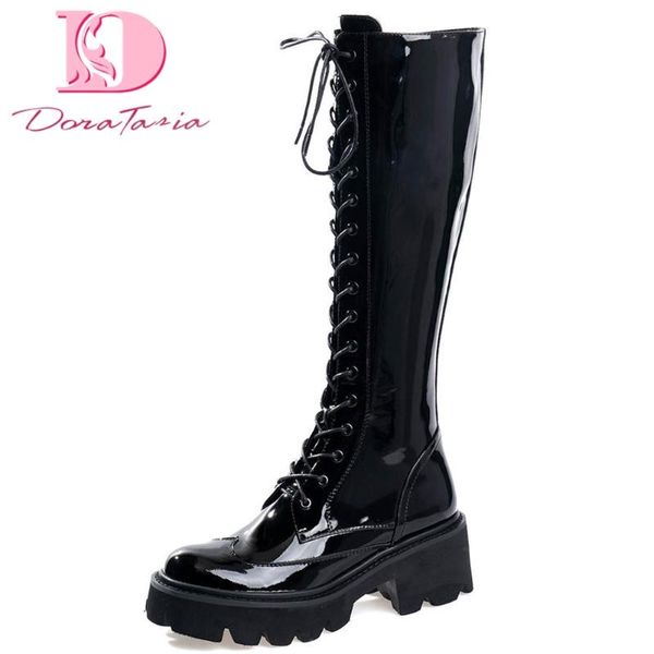 

doratasia 2020 brand design big size 42 genuine leather fashion shoelaces woman shoes boots women knee high boots female, Black