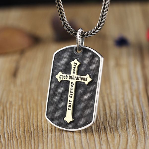 

925 sterling silver pendant vintage seven sins stamping dog tags jesus cross carved christian men jewelry