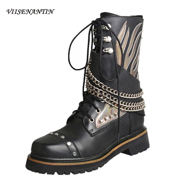 

2020 handmade shoes rivet belt buckle low-heeled leather retro british style mid-tube knight boots, Black