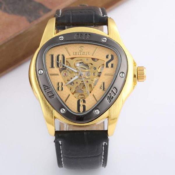 

2020 luxury gold triangle watches men mechanical watches goer automatic self-wind skeleton watch promotion price dropshipping, Slivery;brown