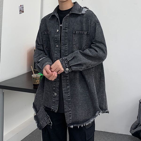 

men's jackets 2021 irregular hole streetwear denim bomber jacket fashion trend coats black/blue color outerwear windbreaker size m-2xl, Black;brown