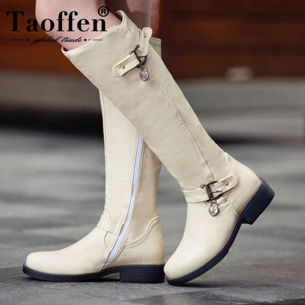 

boots taoffen size 33-44 women's winter heels metal buckle fur warm women shoes zipper knee fashion long, Black