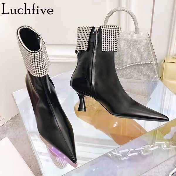 

2020 crystal real leather short boots women kitten heels ankle boots pointy toe shoes woman runway black zapatos mujer