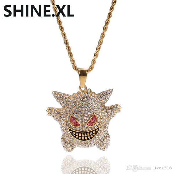 

hip hop gold color plated gengar pendant iced out simulated diamond necklace with stainless steel rope chain, Silver