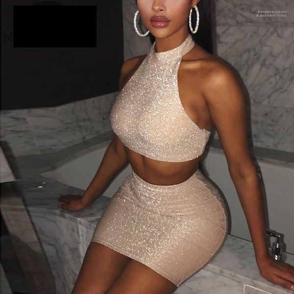 

fashion backless night club womens apparel womens two piece dress halter sleeveless short womens 2pcs set, White