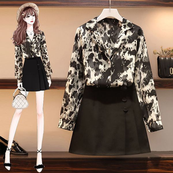 

women 2020 spring autumn two piece sets female elegant single breasted print casual blouses ladies black button skirts suits v67, Gray