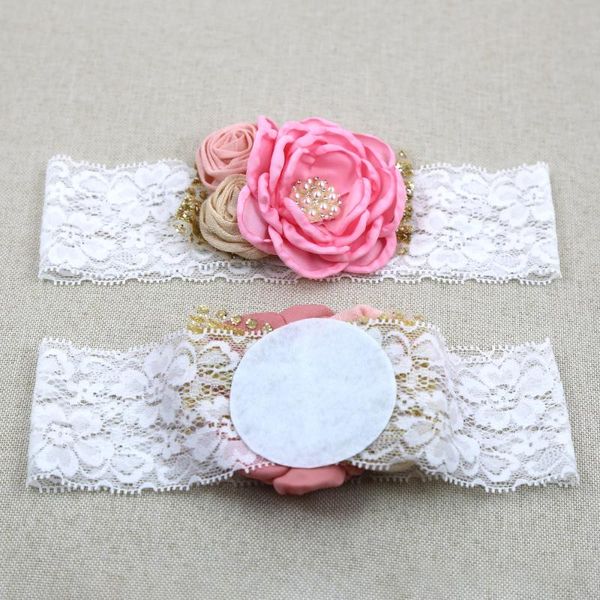 

4pcs baby girl headbands vintage satin flower hair accessories elastic lace hairband with flower rhinestone newborn p props, Slivery;white