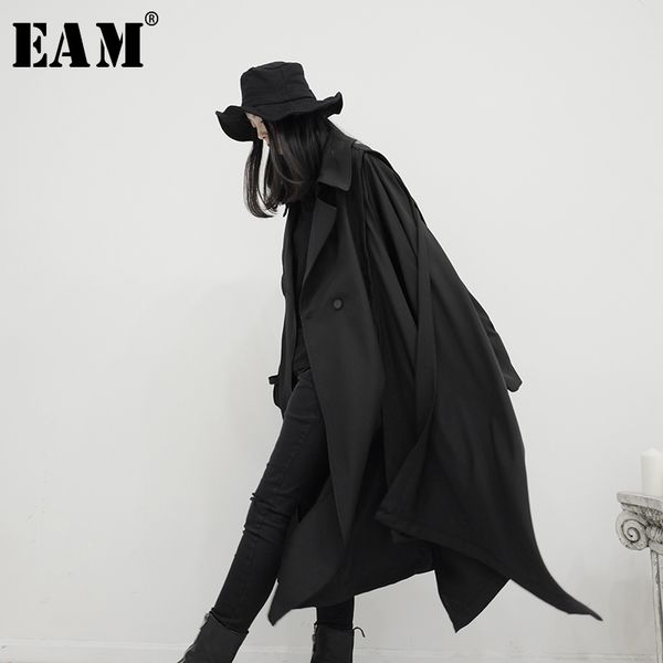 

eam] women black asymmetrical stitch big size trench new lapel long sleeve loose fit windbreaker fashion tide spring 2020 1s242, Tan;black