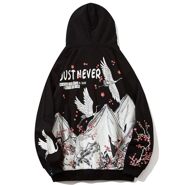 

screen printed japanese crane men hoodies outerwear fleece jacket clothing fashion 2020 skateboards mens hoodies, Black