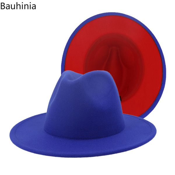

autumn men blue red patchwork wool felt jazz fedora hat women wide brim panama party trilby cowboy cap gentleman wedding hat, Blue;gray
