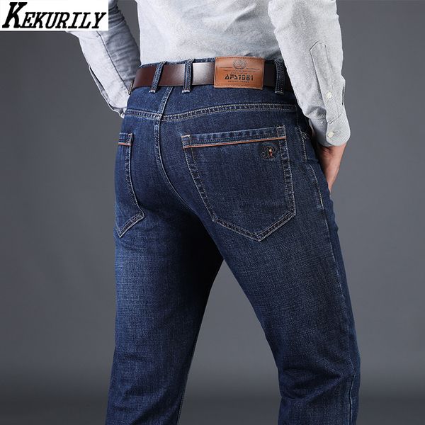 

men's jeans autumn winter men business casual straight pants male plus size stretch stoashed thick denim long trousers blue