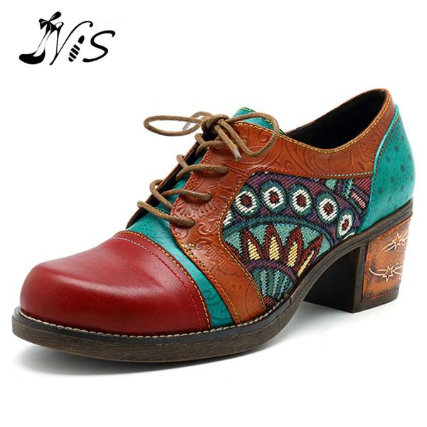 

nis bohemian vintage style women pumps shoes woman printed splicing genuine leather pumps lace-up oxford shoes spring autumn new, Black