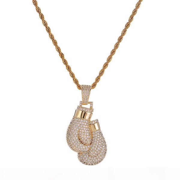 

boxing gloves pendant necklace gold plated copper inlaid cubic zirconia pendant 60cm stainless steel chain mens accessories, Silver