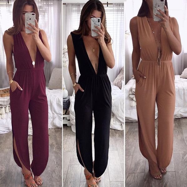 

hollow out romper fashion ladies capris apparel female halter solid jumpsuits deep v-neck sleeveless back, Black;white