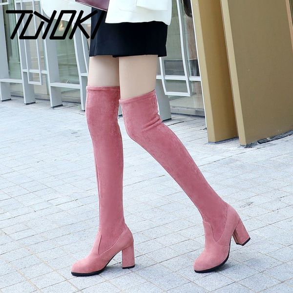 

tuyoki big size 34-47 thigh high boots women pink stretch shoes women pointed toe comfort square heels warm over knee boots, Black
